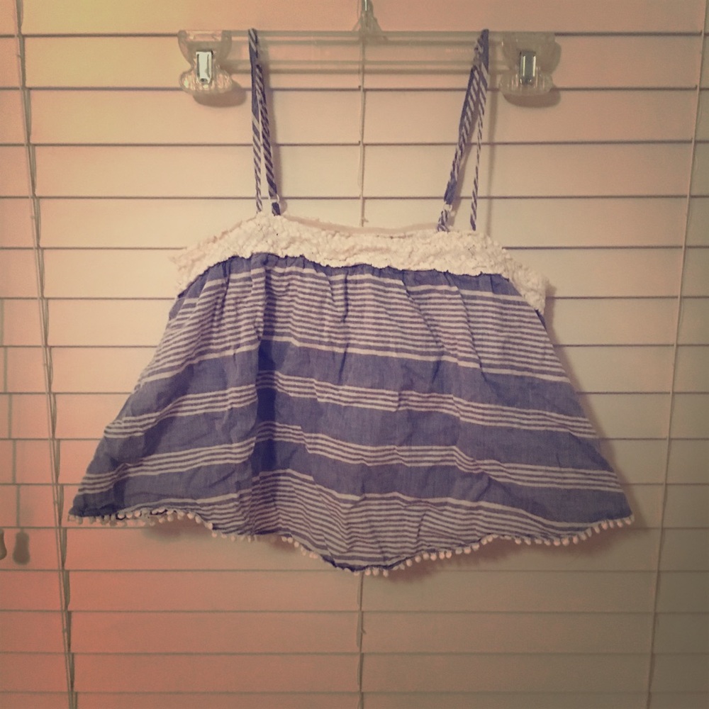 Stripped Crop Top w/ Lace and Pom Pom Detail